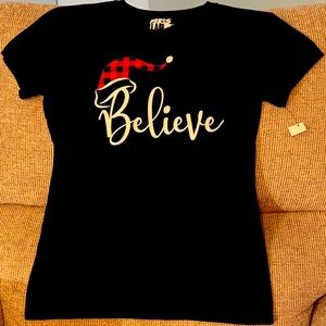 BELIEVE * Christmas TEE * Short Sleeves for Warm Weather * Buffalo Check Hat * S
